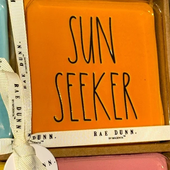 NWT HTF Rae Dunn Ceramic 4 Piece Boxed Bright Coasters Good Vibes Sun Seeker - Picture 4 of 7